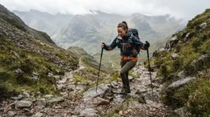 A hiker using hiking poles for bad knees to maintain balance on a steep Cumbrian fell descent