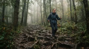 Hiker navigating tree roots with hiking poles for bad knees in a misty Scottish pine forest