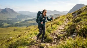 Demonstrating proper technique with hiking poles for bad knees on a steep Welsh hillside
