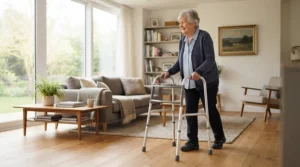 An elderly woman using a large base quad cane for stability in her living room