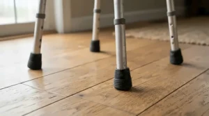 Close-up of the stable four-prong ferrule base of a large base quad cane