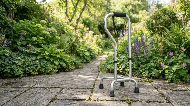 A large base quad cane being used on an outdoor paved garden path