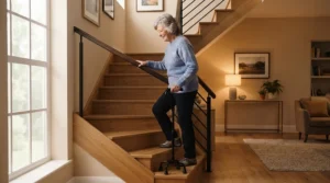A person navigating indoor steps with the support of a large base quad cane