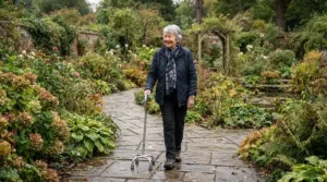 An older adult walking down a paved garden path with a small base quad cane