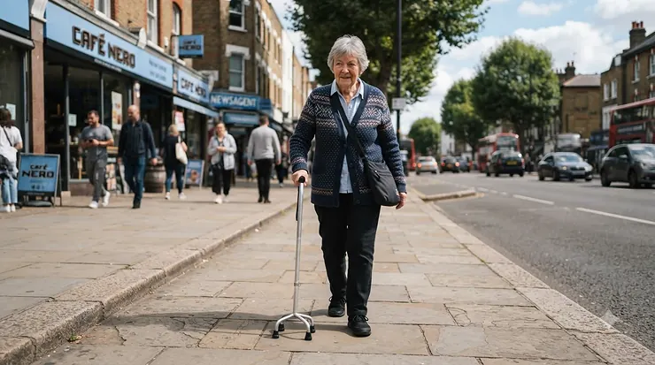 A senior woman walking outdoors on a British pavement with her small base quad cane