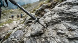 Durable carbide tips on lightweight trekking poles gripping rocky terrain