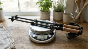 Digital scale showing the ultra-low weight in grams of lightweight trekking poles