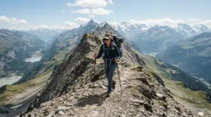 Backpacker navigating a rocky Lake District ridge with lightweight trekking poles
