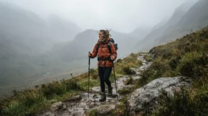Hiker using lightweight trekking poles on a misty trail in the Scottish Highlands
