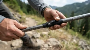 Close-up of locking mechanism on adjustable lightweight trekking poles