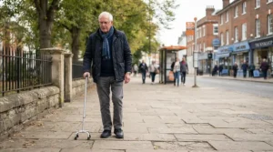 Man walking on a British pavement outdoors, supported by a heavy-duty large base quad cane