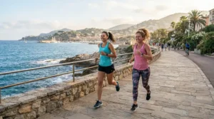 Fitness enthusiasts doing cardiovascular fitness walking with nordic walking poles by the coast