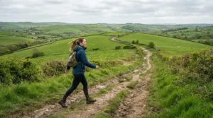 A hiker using nordic walking poles along a muddy Cotswolds footpath on an autumn morning