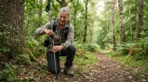 An older adult adjusting the height of their nordic walking poles for beginners in a woodland setting