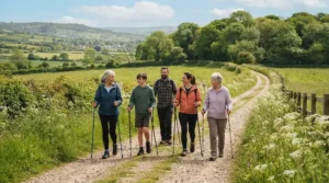 A friendly social group using nordic walking poles for beginners on a countryside trail