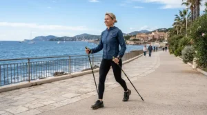 Demonstrating the correct upright posture with nordic walking poles for beginners on a coastal promenade