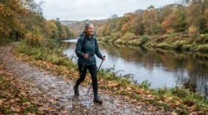 A lone walker enjoying a riverside stroll with nordic walking poles for beginners during autumn