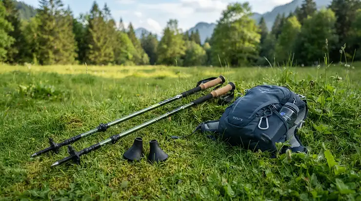 A complete starter kit including nordic walking poles for beginners laid out on grass next to a rucksack