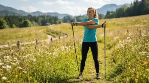 A beginner warming up and stretching before using nordic walking poles for beginners in a green meadow