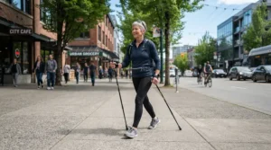 Using nordic walking poles for beginners with rubber tips on an urban pavement for fitness training