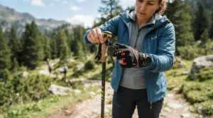 A walker clicking their hand into the detachable strap glove system of their nordic walking poles