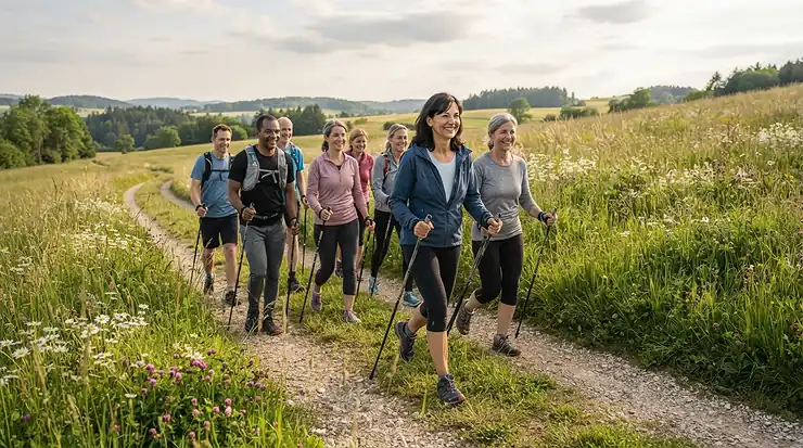A community group participating in a guided nordic walking poles exercise class outdoors