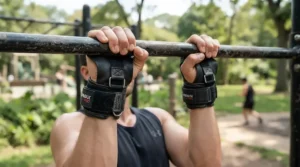 Close-up of hands secured into nordic walking poles with straps during a fitness session in a London park