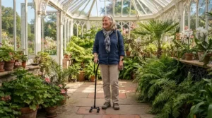 A person standing upright with the help of a quad walking stick in a bright conservatory.