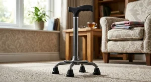 A sturdy four-legged quad walking stick offering extra balance and support for elderly individuals indoors.