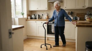 Close-up of a reliable quad walking stick providing support in a brightly lit kitchen.