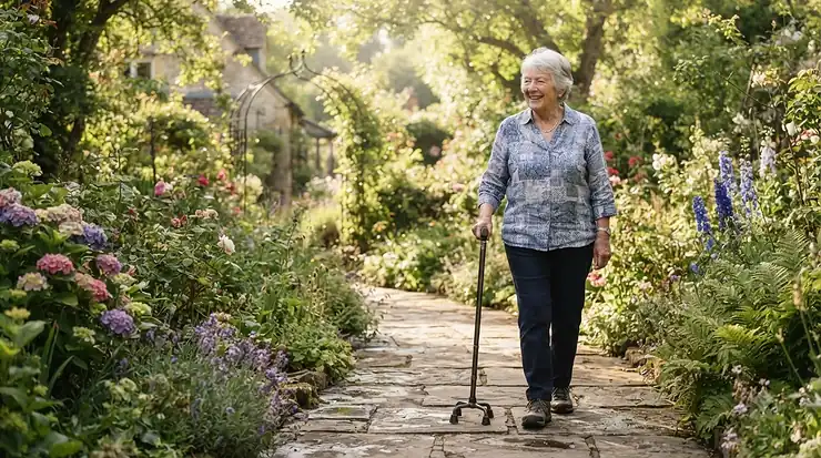 Walking along a garden path outdoors with a quad cane for stroke patients