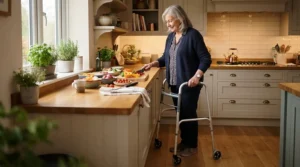 An elderly stroke survivor utilising a four-footed walking stick while preparing tea in the kitchen