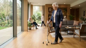 A person recovering from a stroke using a four-pronged mobility aid in a bright British living room