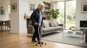 An elderly person walking in a bright living room using a quad cane for stroke patients