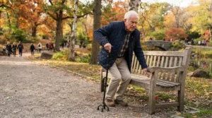 Person standing up from a park bench using a quad cane for stroke patients