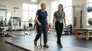 Patient practicing balance exercises with a quad cane for stroke patients in a clinic