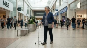 Navigating a shopping centre concourse with a quad cane for stroke patients