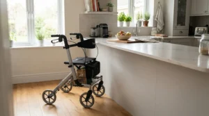 Close-up of a silver metal quad cane under £30 resting safely against a kitchen counter