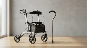 Close up details highlighting features of a quad cane vs standard walking stick.