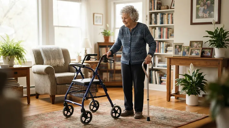 A person evaluating a quad cane vs standard walking stick in a bright British living room.