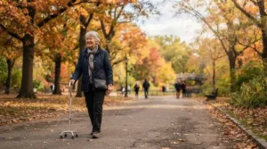 Enjoying a gentle walk outdoors with a quad cane vs standard walking stick.