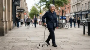 Demonstrating stability with a quad cane vs standard walking stick on an urban pavement.