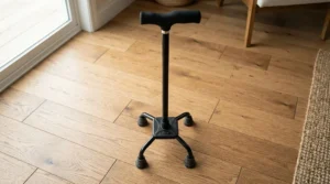 Comparing weight distribution using a quad cane vs standard walking stick at home.