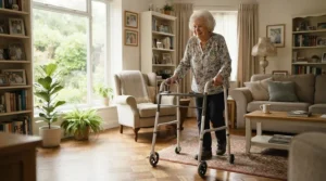 An elderly woman using a quad walking stick for balance problems in her bright living room