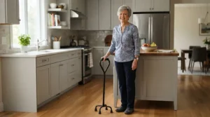 Senior person standing comfortably in a modern kitchen with a quad walking stick for balance problems