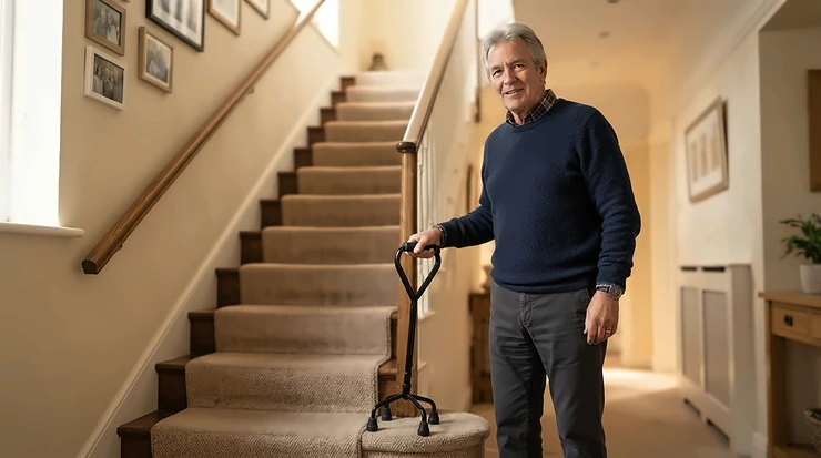 Person holding a quad walking stick for balance problems near a staircase at home