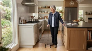 A senior woman preparing tea in her kitchen while leaning on a small base quad cane
