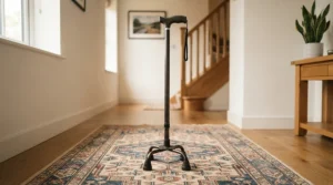 A small base quad cane resting securely on a hallway rug in a home