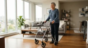 An elderly gentleman using a small base quad cane in a bright London flat