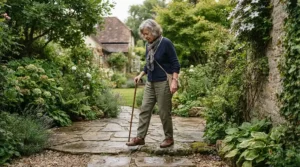 Testing outdoor stability with a small base quad cane vs large base quad cane on an uneven garden flagstone path.
